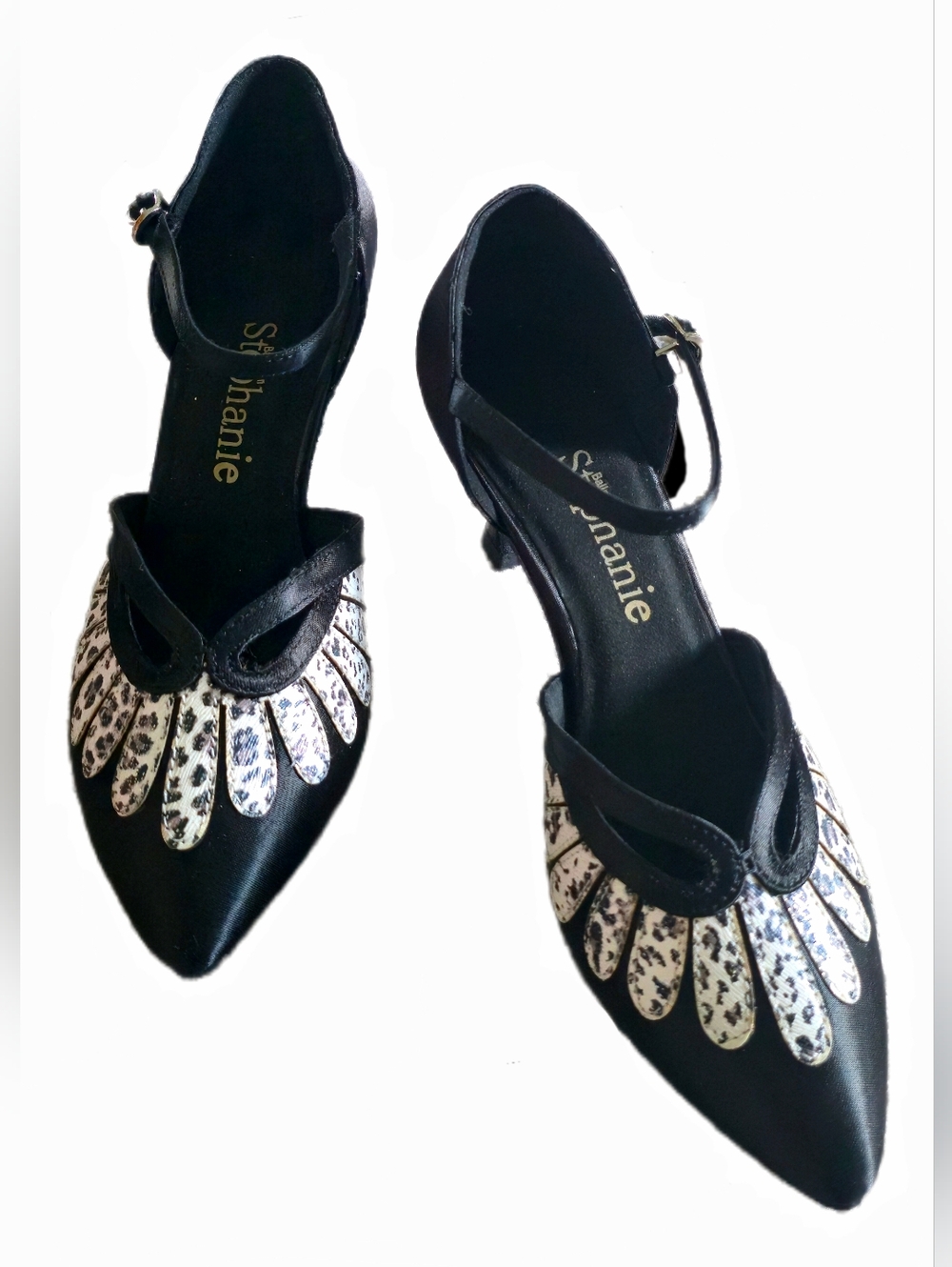 Ballroom Stephanie Black Satin White Leopard Print Motif Dancing Shoes Size 7 - Picture 3 of 11